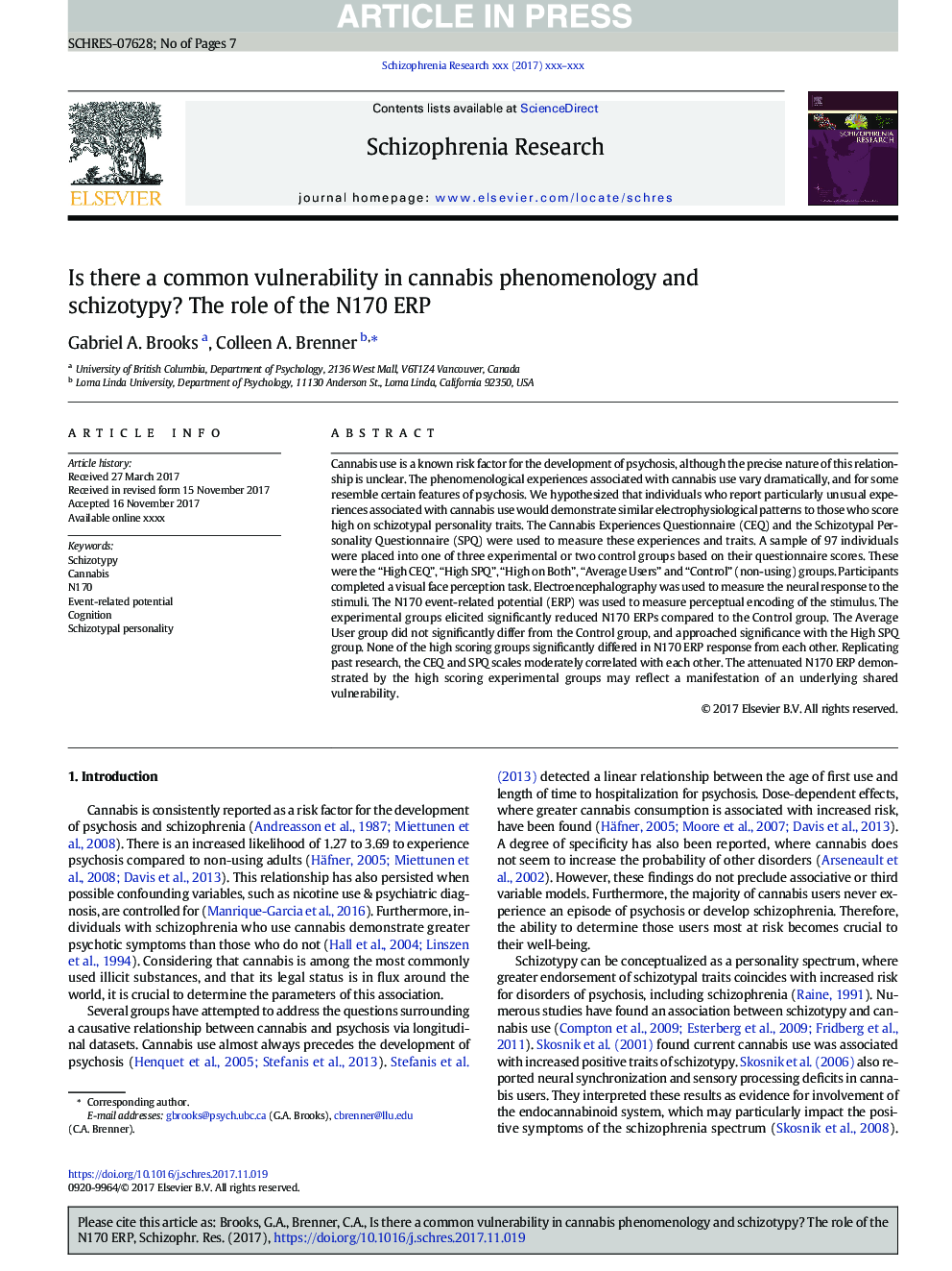Is there a common vulnerability in cannabis phenomenology and schizotypy? The role of the N170 ERP