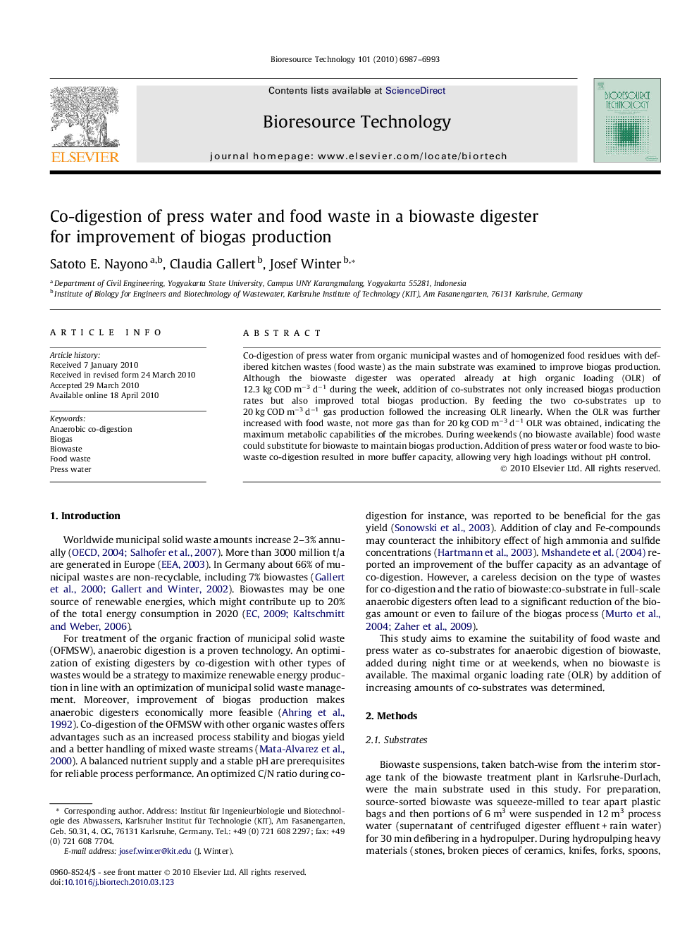 Co-digestion of press water and food waste in a biowaste digester for improvement of biogas production