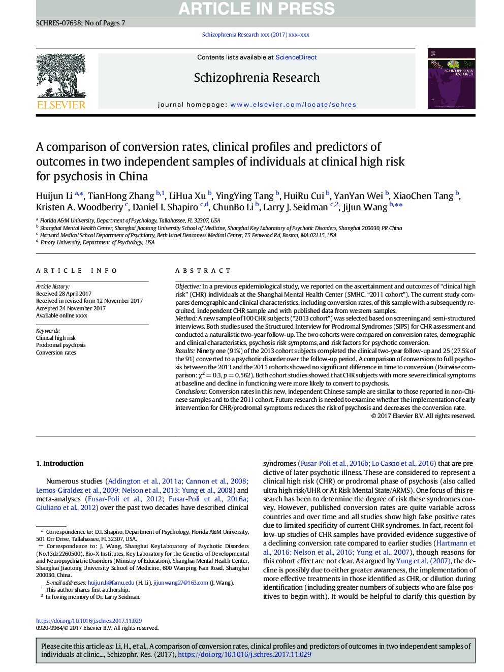 A comparison of conversion rates, clinical profiles and predictors of outcomes in two independent samples of individuals at clinical high risk for psychosis in China