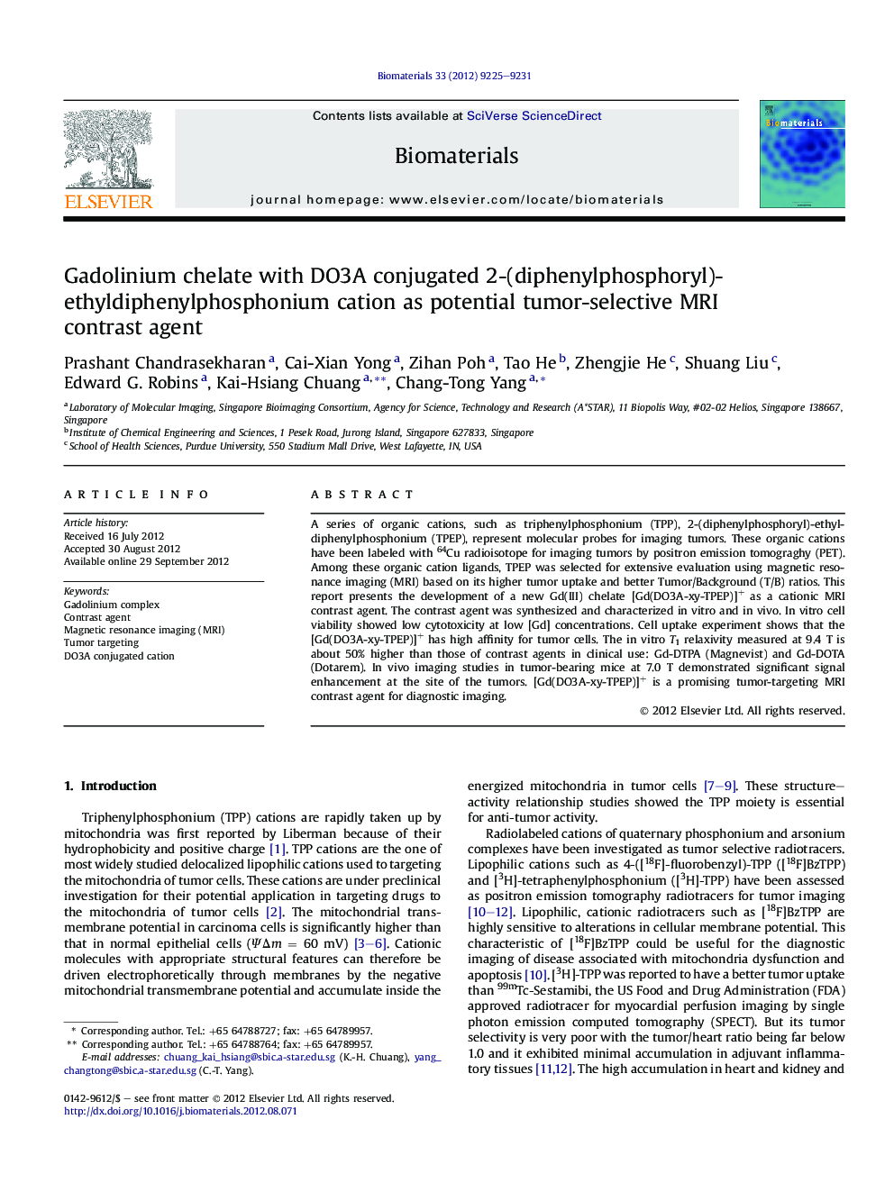 Gadolinium chelate with DO3A conjugated 2-(diphenylphosphoryl)-ethyldiphenylphosphonium cation as potential tumor-selective MRI contrast agent