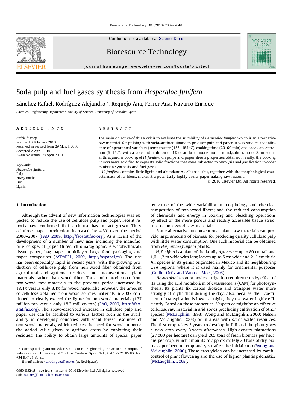 Soda pulp and fuel gases synthesis from Hesperaloe funifera