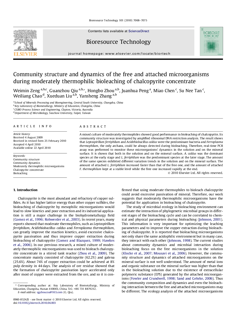 عکس صفحه اول مقاله: Community structure and dynamics of the free and attached microorganisms during moderately thermophilic bioleaching of chalcopyrite concentrate Community structure and dynamics of the free and attached microorganisms during moderately thermophilic bioleaching of chalcopyrite concentrate