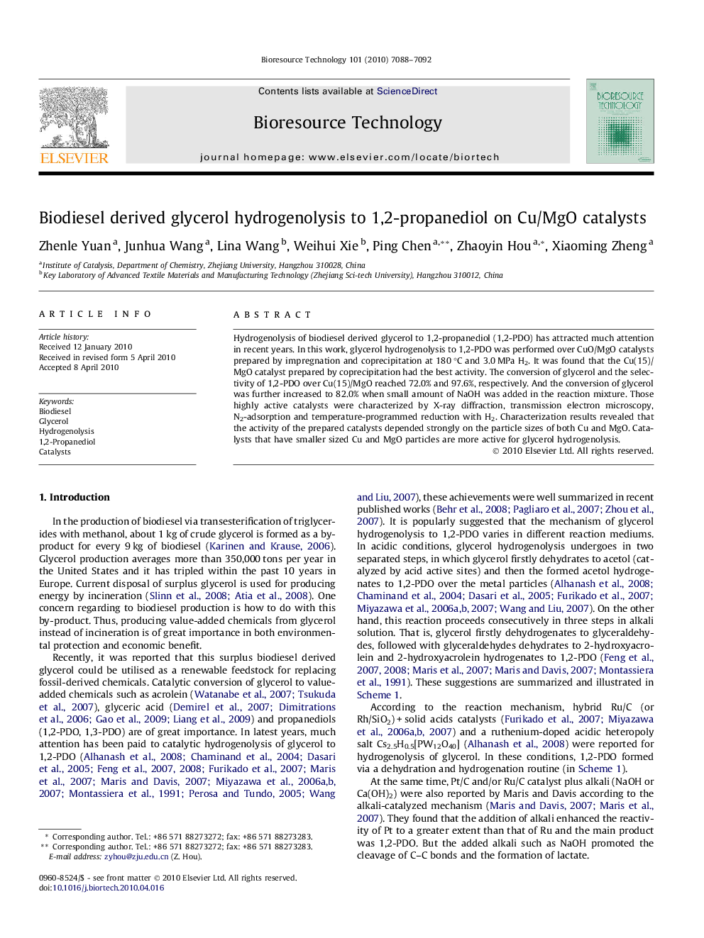 Biodiesel derived glycerol hydrogenolysis to 1,2-propanediol on Cu/MgO catalysts