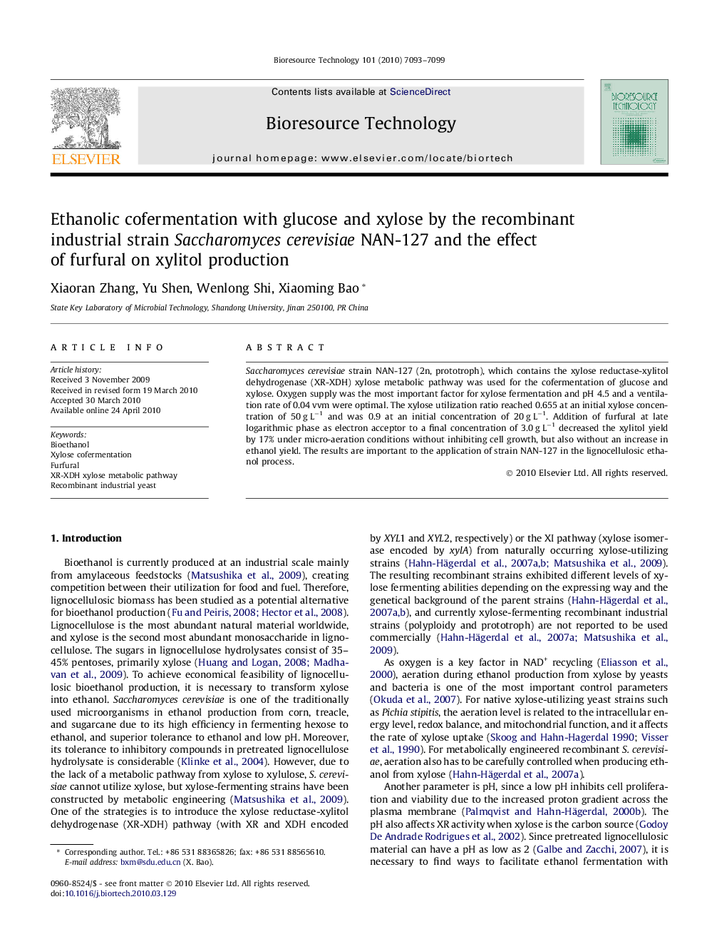 عکس صفحه اول مقاله: Ethanolic cofermentation with glucose and xylose by the recombinant industrial strain Saccharomyces cerevisiae NAN-127 and the effect of furfural on xylitol production Ethanolic cofermentation with glucose and xylose by the recombinant industrial strain Saccharomyces cerevisiae NAN-127 and the effect of furfural on xylitol production