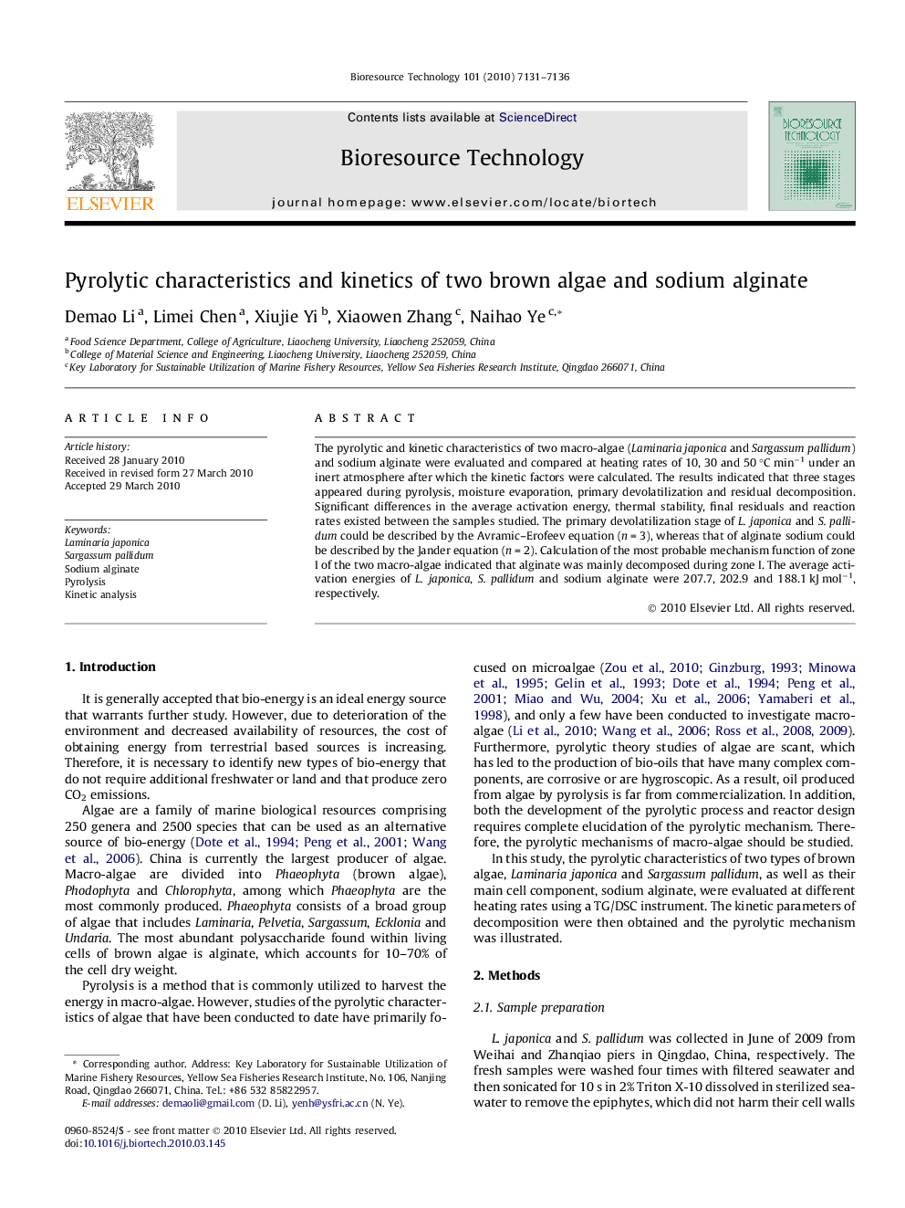 Pyrolytic characteristics and kinetics of two brown algae and sodium alginate