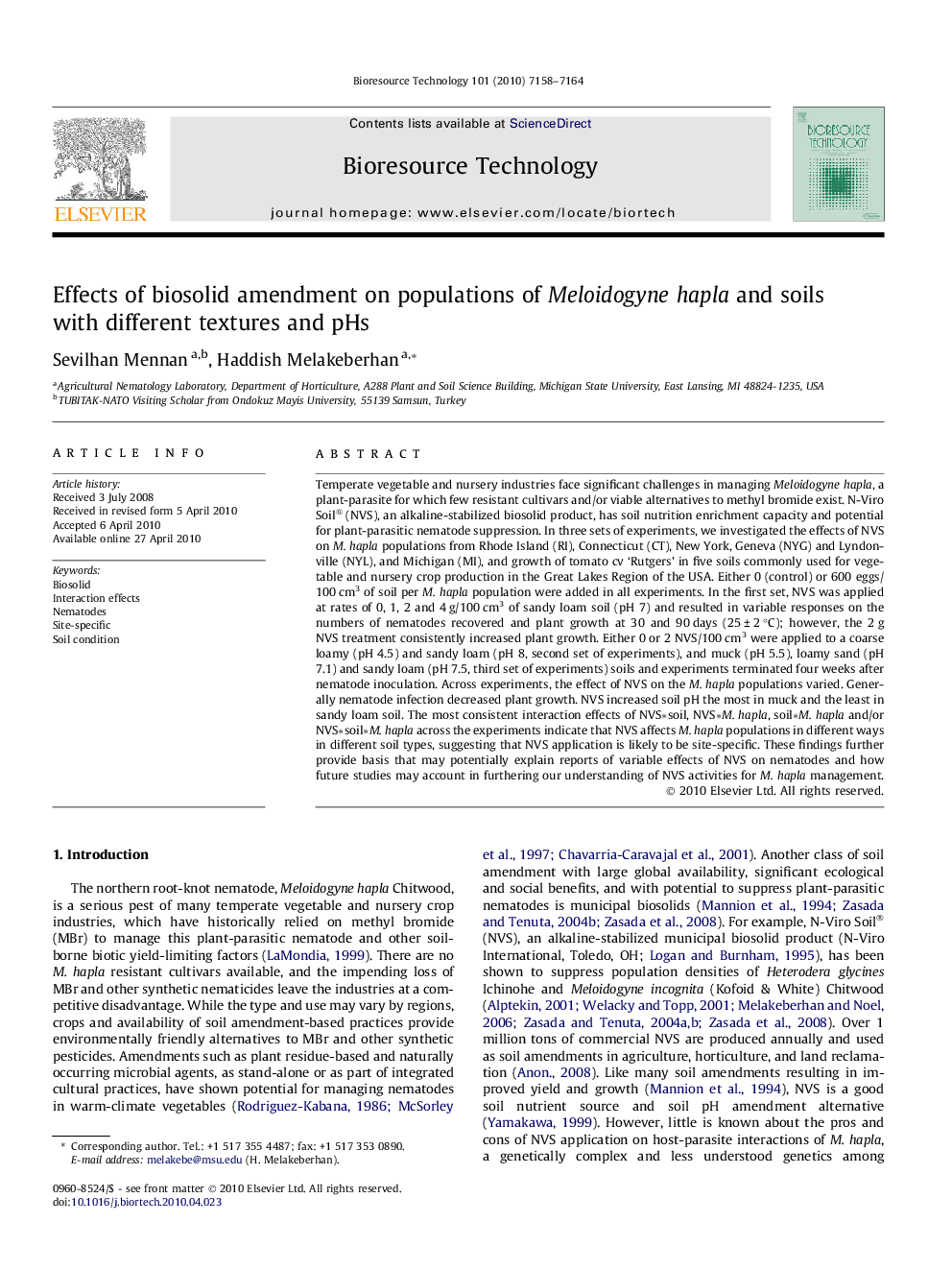 Effects of biosolid amendment on populations of Meloidogyne hapla and soils with different textures and pHs