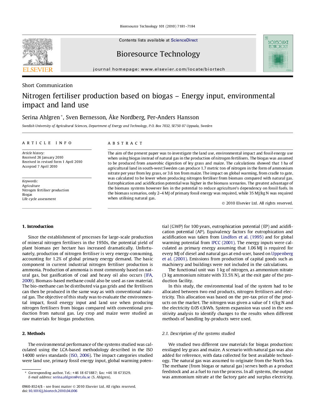 عکس صفحه اول مقاله: Nitrogen fertiliser production based on biogas – Energy input, environmental impact and land use Nitrogen fertiliser production based on biogas – Energy input, environmental impact and land use
