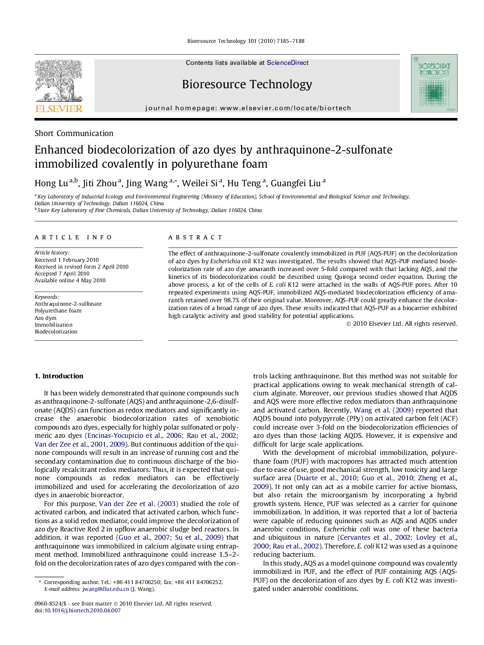 Enhanced biodecolorization of azo dyes by anthraquinone-2-sulfonate immobilized covalently in polyurethane foam