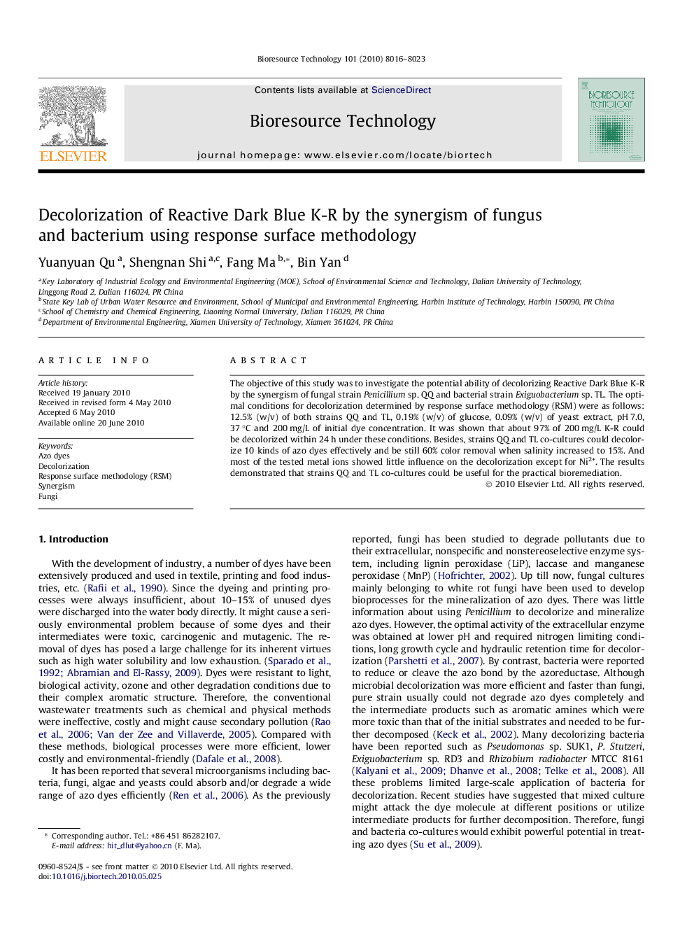 Decolorization of Reactive Dark Blue K-R by the synergism of fungus and bacterium using response surface methodology