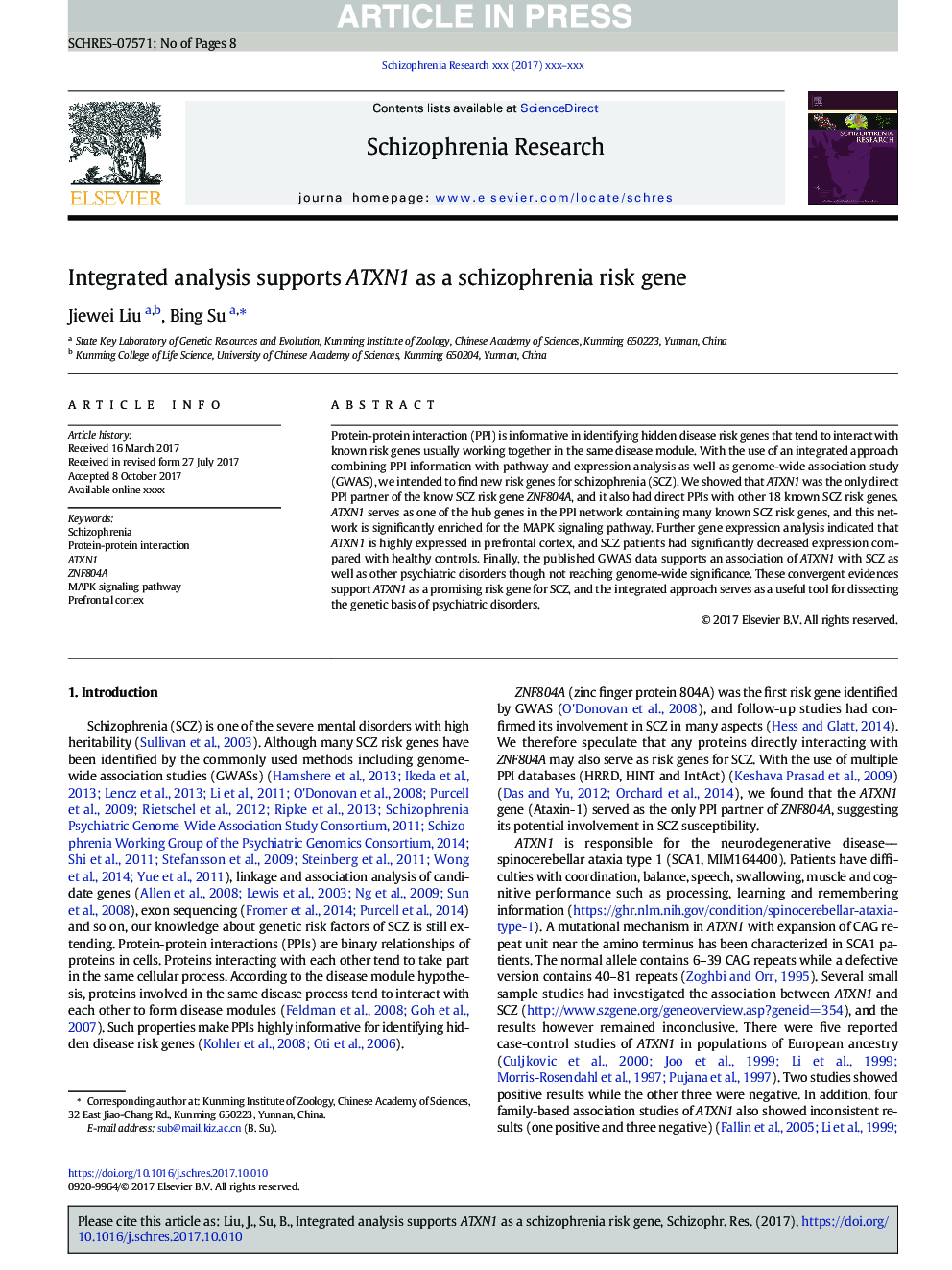 Integrated analysis supports ATXN1 as a schizophrenia risk gene