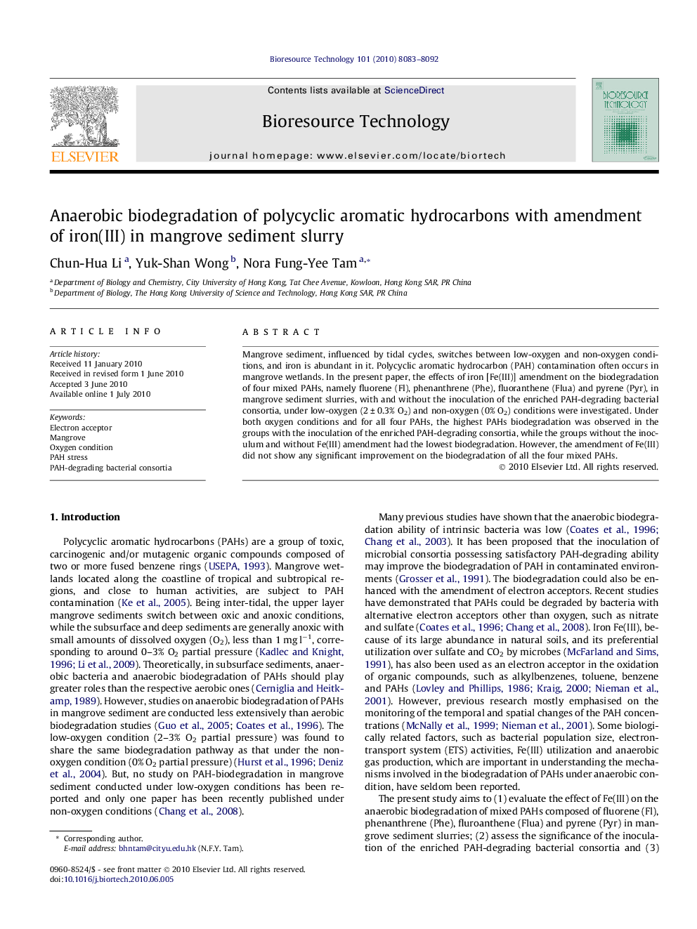 Anaerobic biodegradation of polycyclic aromatic hydrocarbons with amendment of iron(III) in mangrove sediment slurry