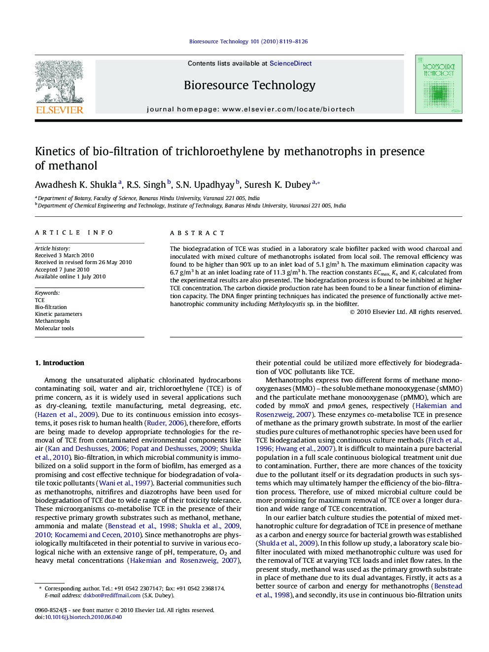 Kinetics of bio-filtration of trichloroethylene by methanotrophs in presence of methanol