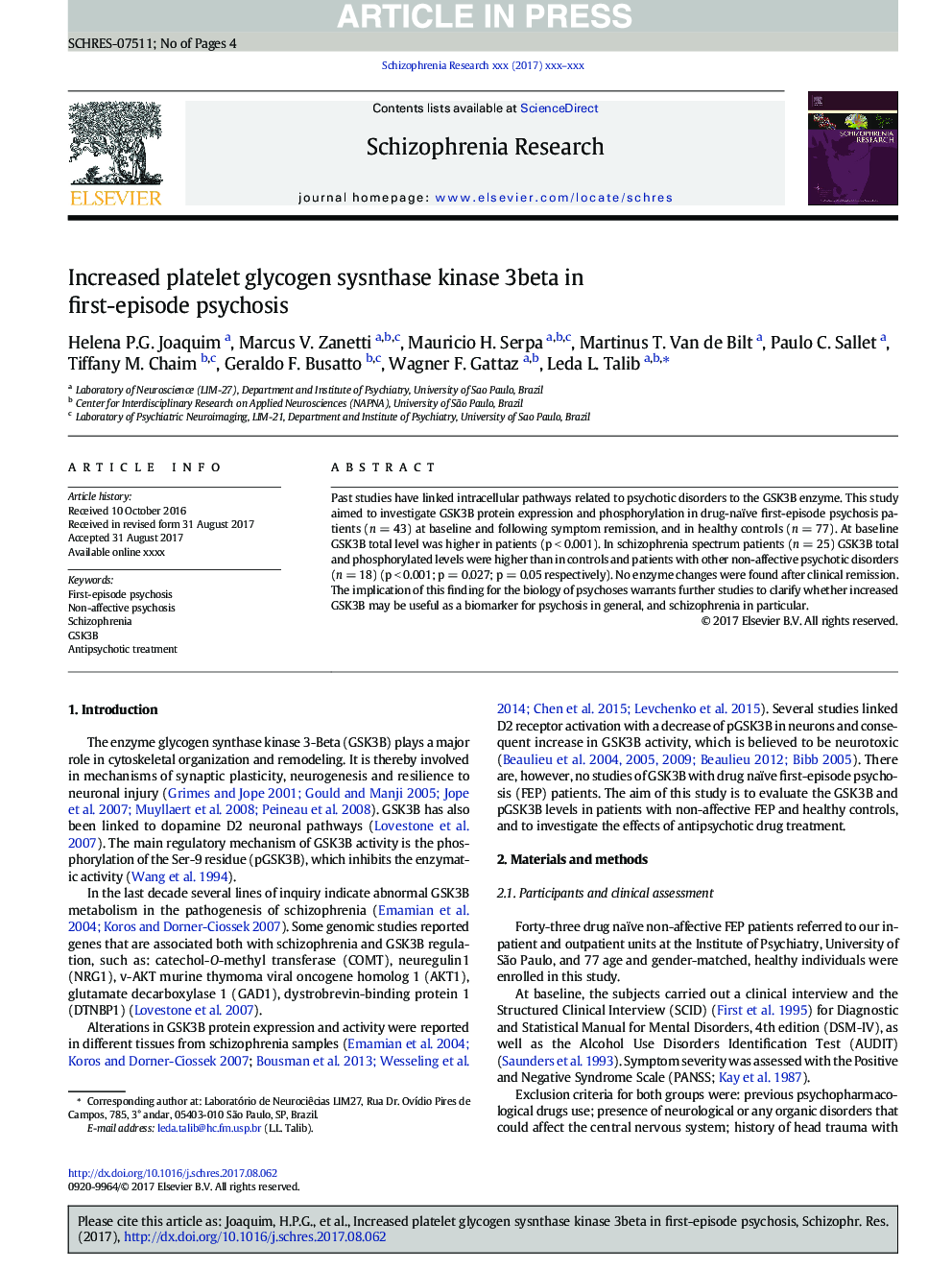 Increased platelet glycogen sysnthase kinase 3beta in first-episode psychosis