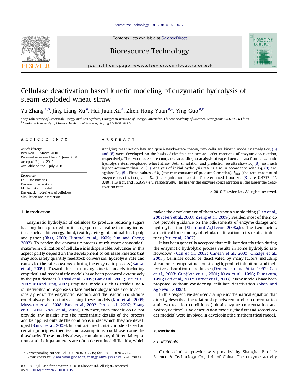 Cellulase deactivation based kinetic modeling of enzymatic hydrolysis of steam-exploded wheat straw