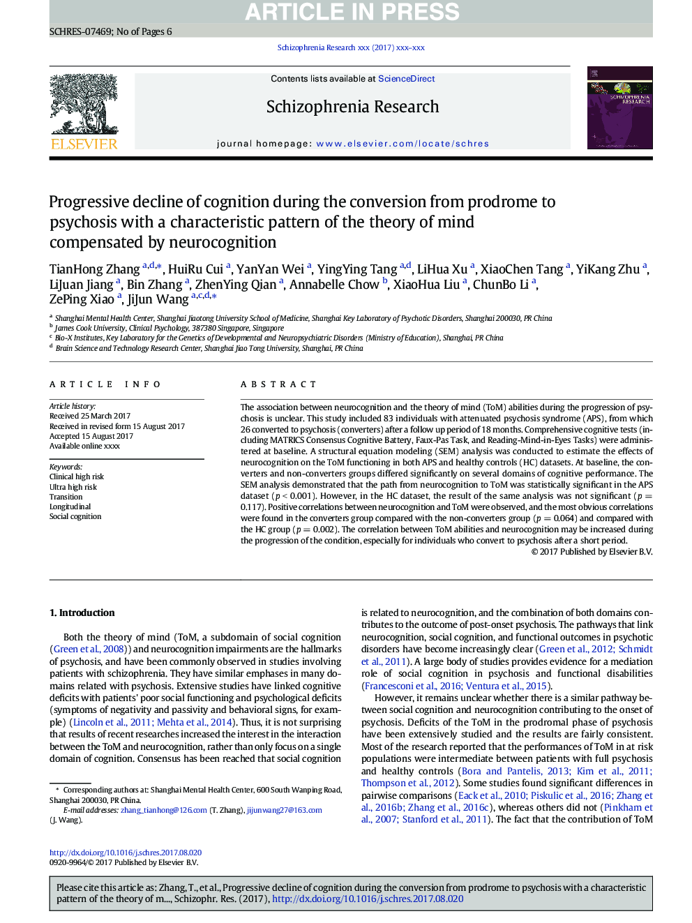 Progressive decline of cognition during the conversion from prodrome to psychosis with a characteristic pattern of the theory of mind compensated by neurocognition