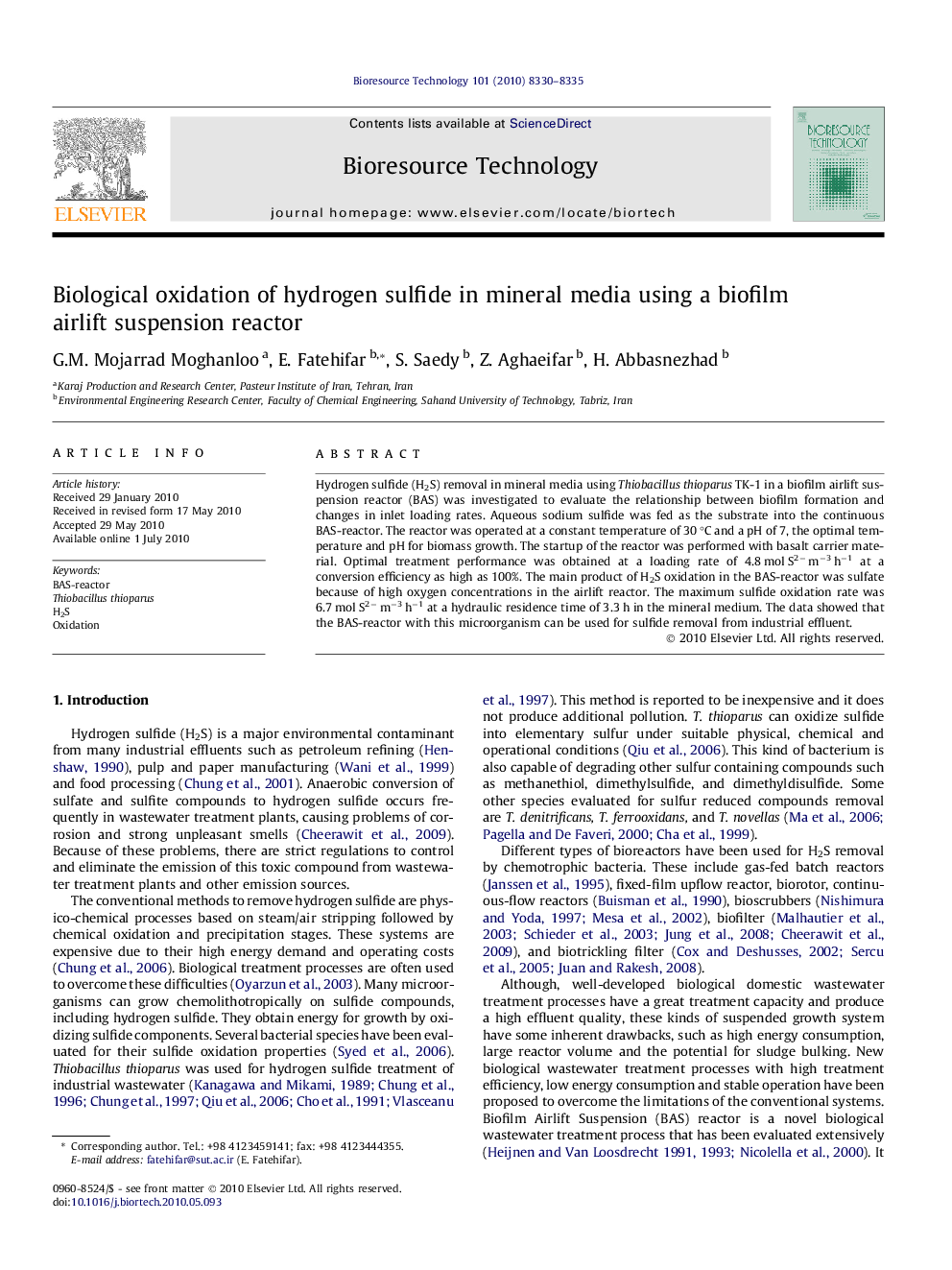 عکس صفحه اول مقاله: Biological oxidation of hydrogen sulfide in mineral media using a biofilm airlift suspension reactor Biological oxidation of hydrogen sulfide in mineral media using a biofilm airlift suspension reactor