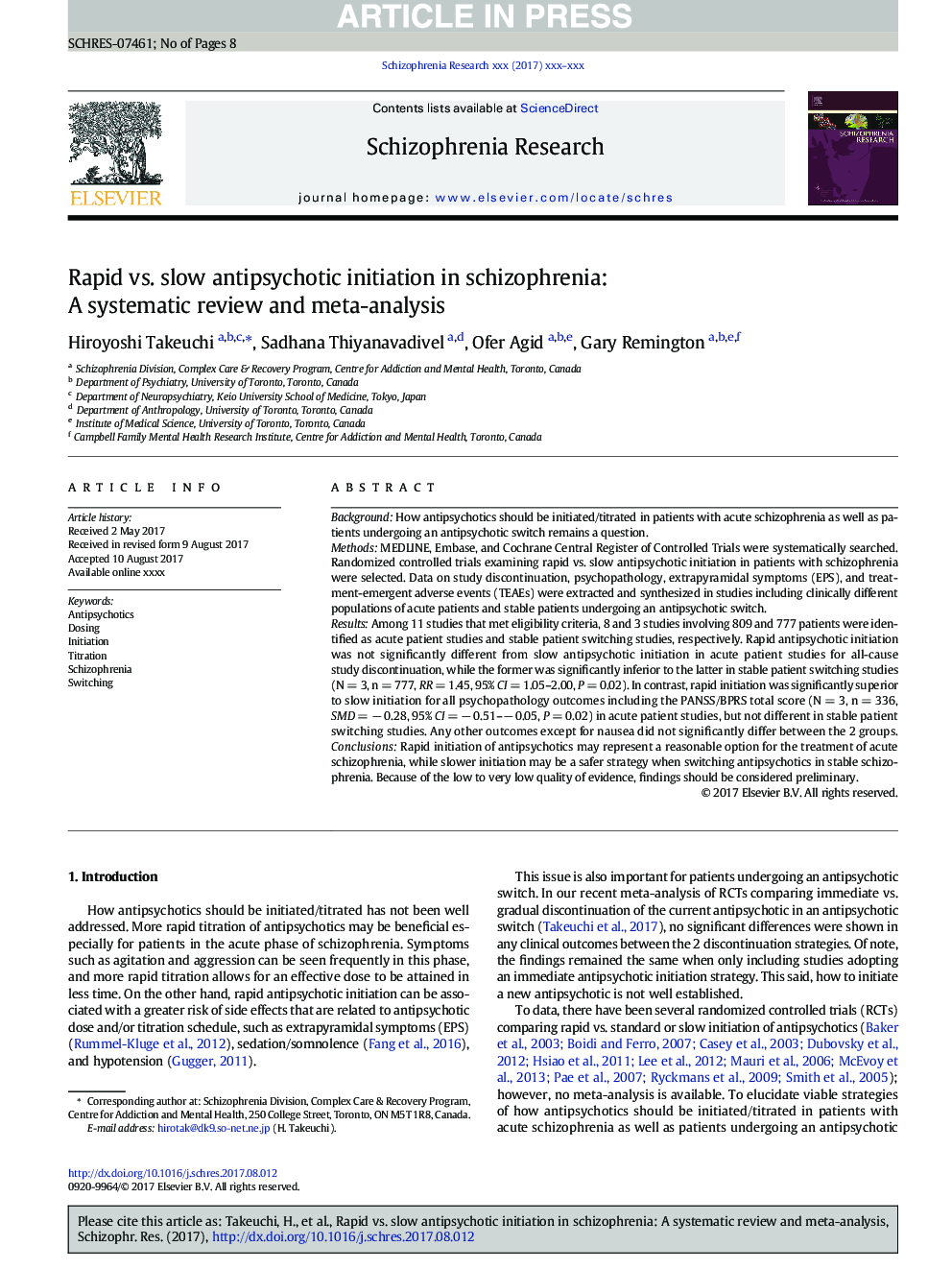 Rapid vs. slow antipsychotic initiation in schizophrenia: A systematic review and meta-analysis