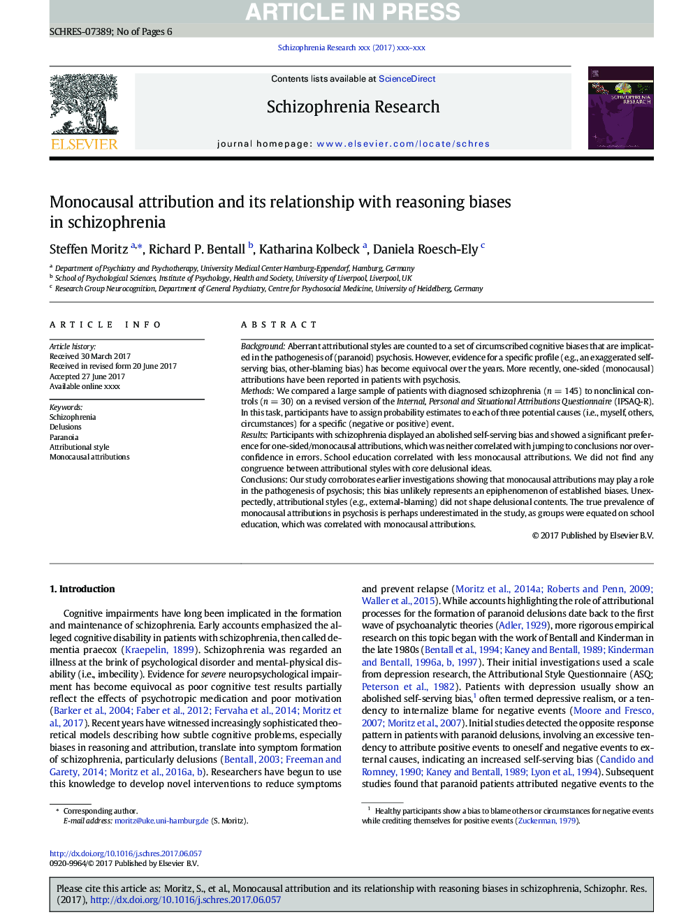 Monocausal attribution and its relationship with reasoning biases in schizophrenia