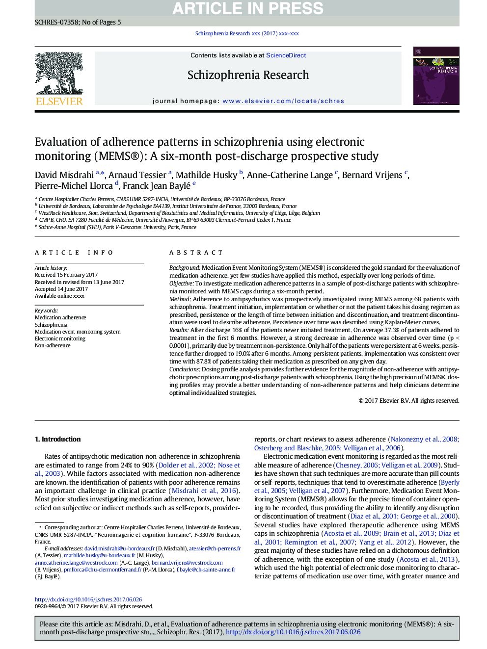 Evaluation of adherence patterns in schizophrenia using electronic monitoring (MEMS®): A six-month post-discharge prospective study