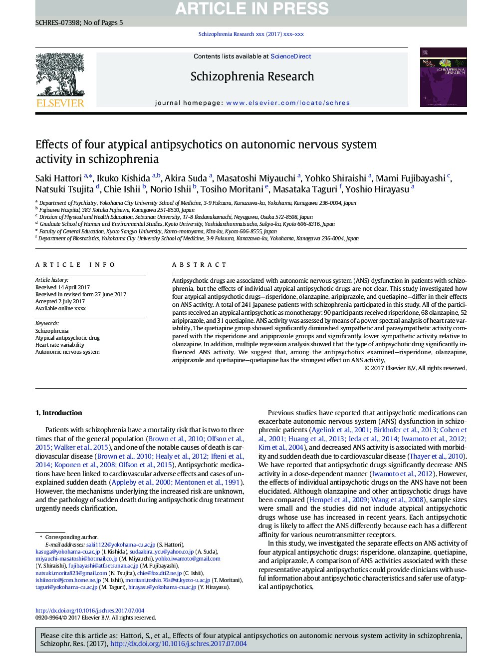 Effects of four atypical antipsychotics on autonomic nervous system activity in schizophrenia