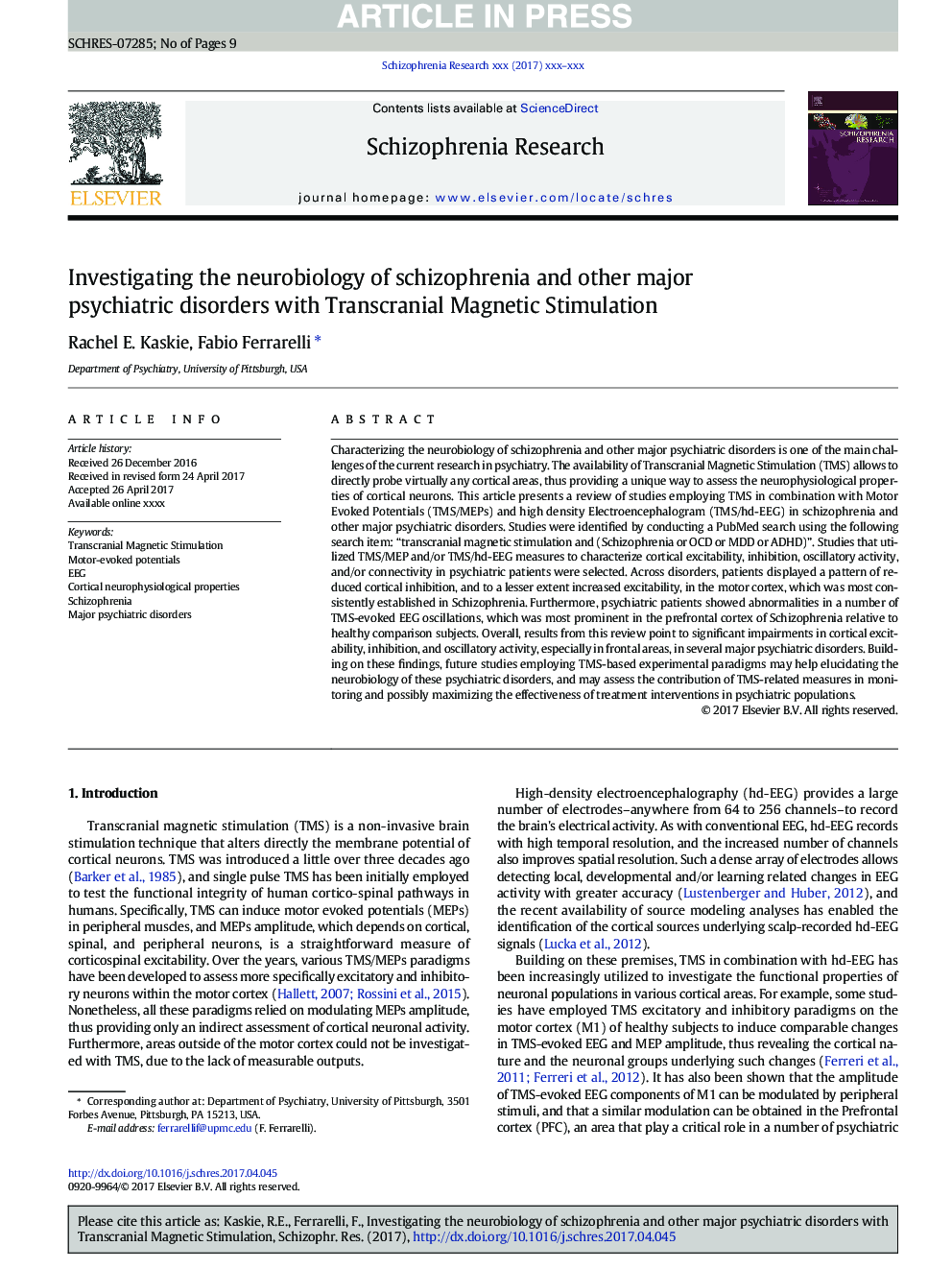 Investigating the neurobiology of schizophrenia and other major psychiatric disorders with Transcranial Magnetic Stimulation