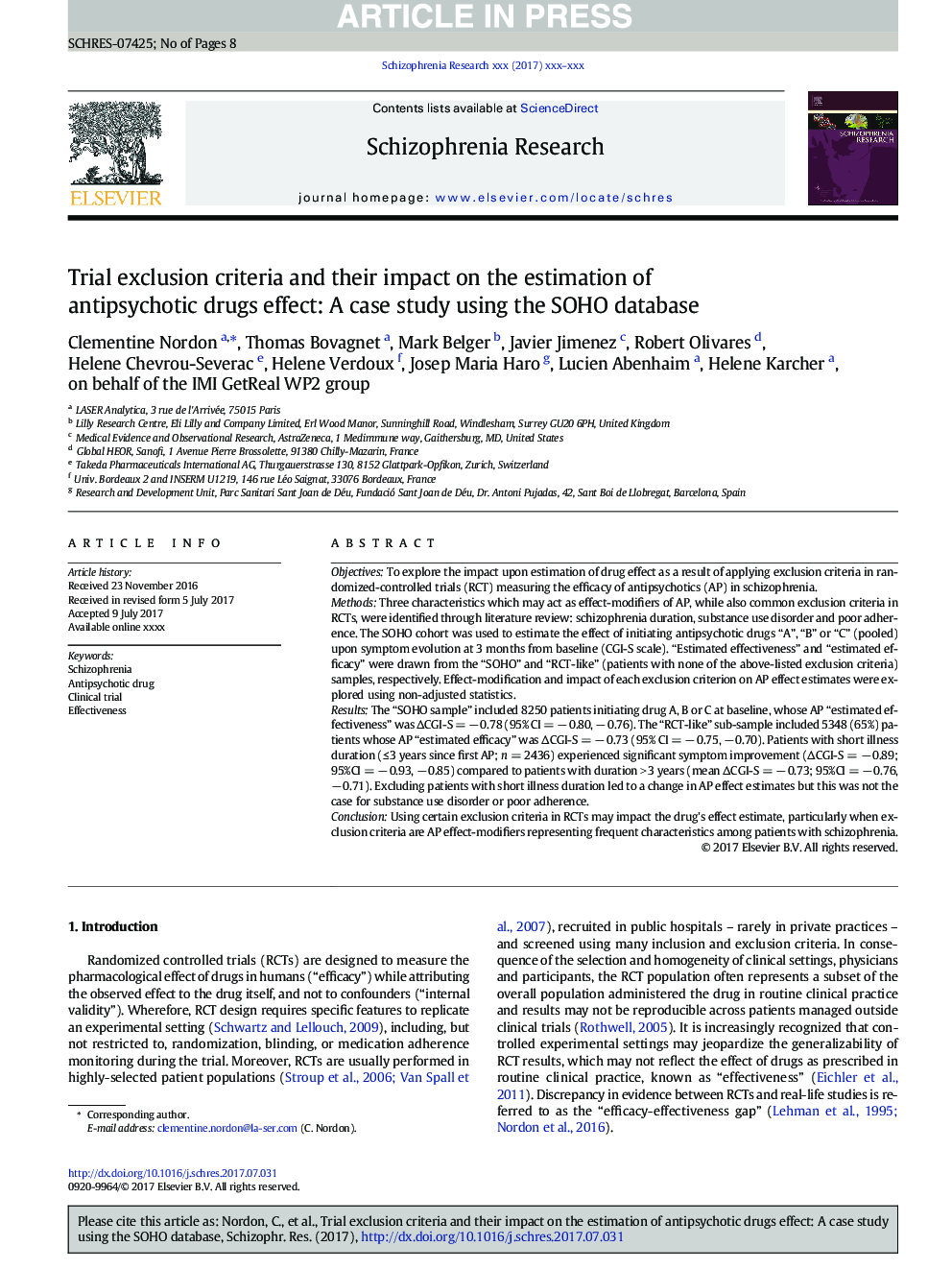 Trial exclusion criteria and their impact on the estimation of antipsychotic drugs effect: A case study using the SOHO database