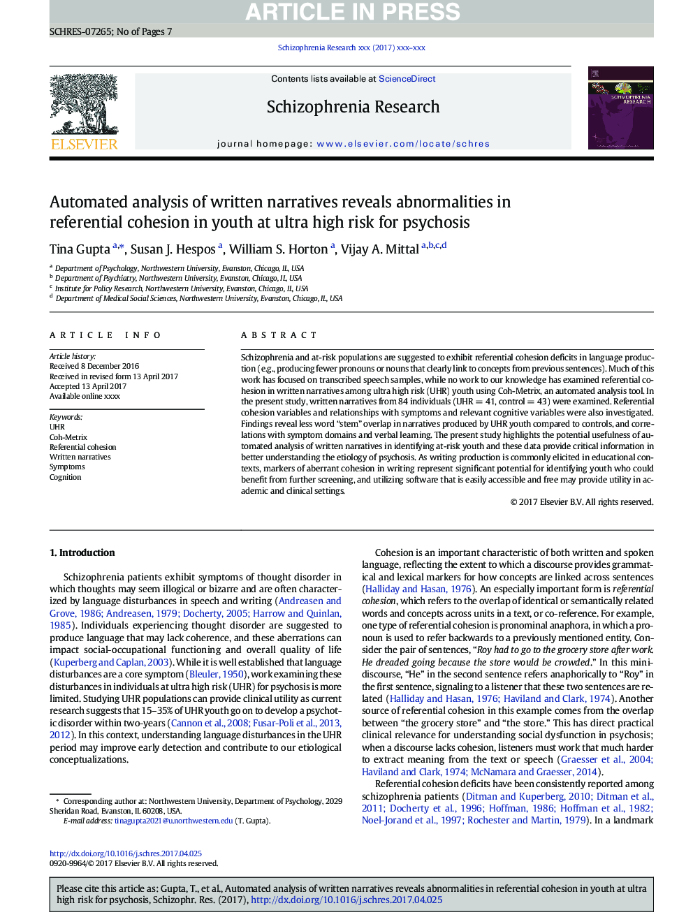 Automated analysis of written narratives reveals abnormalities in referential cohesion in youth at ultra high risk for psychosis