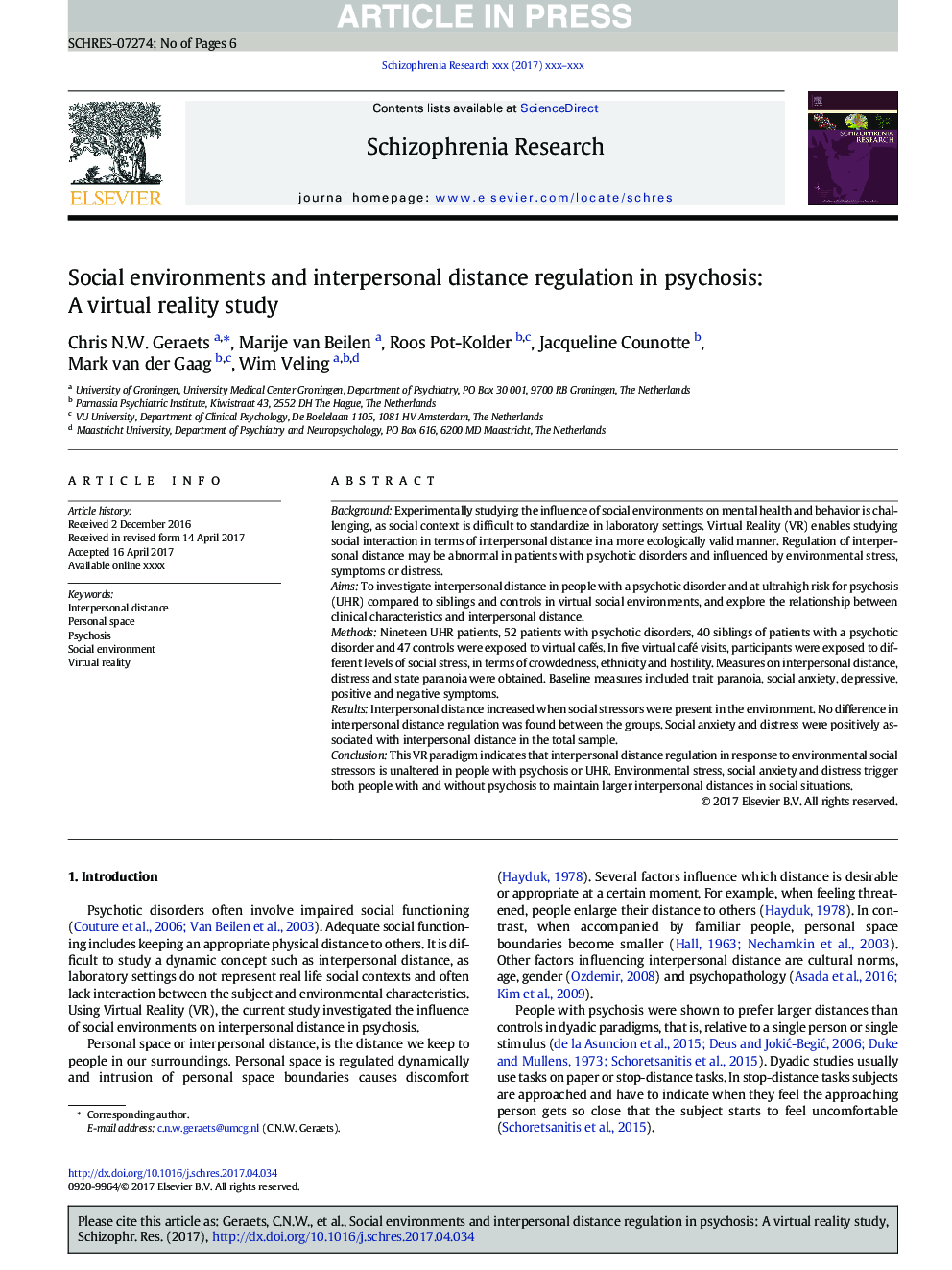 Social environments and interpersonal distance regulation in psychosis: A virtual reality study