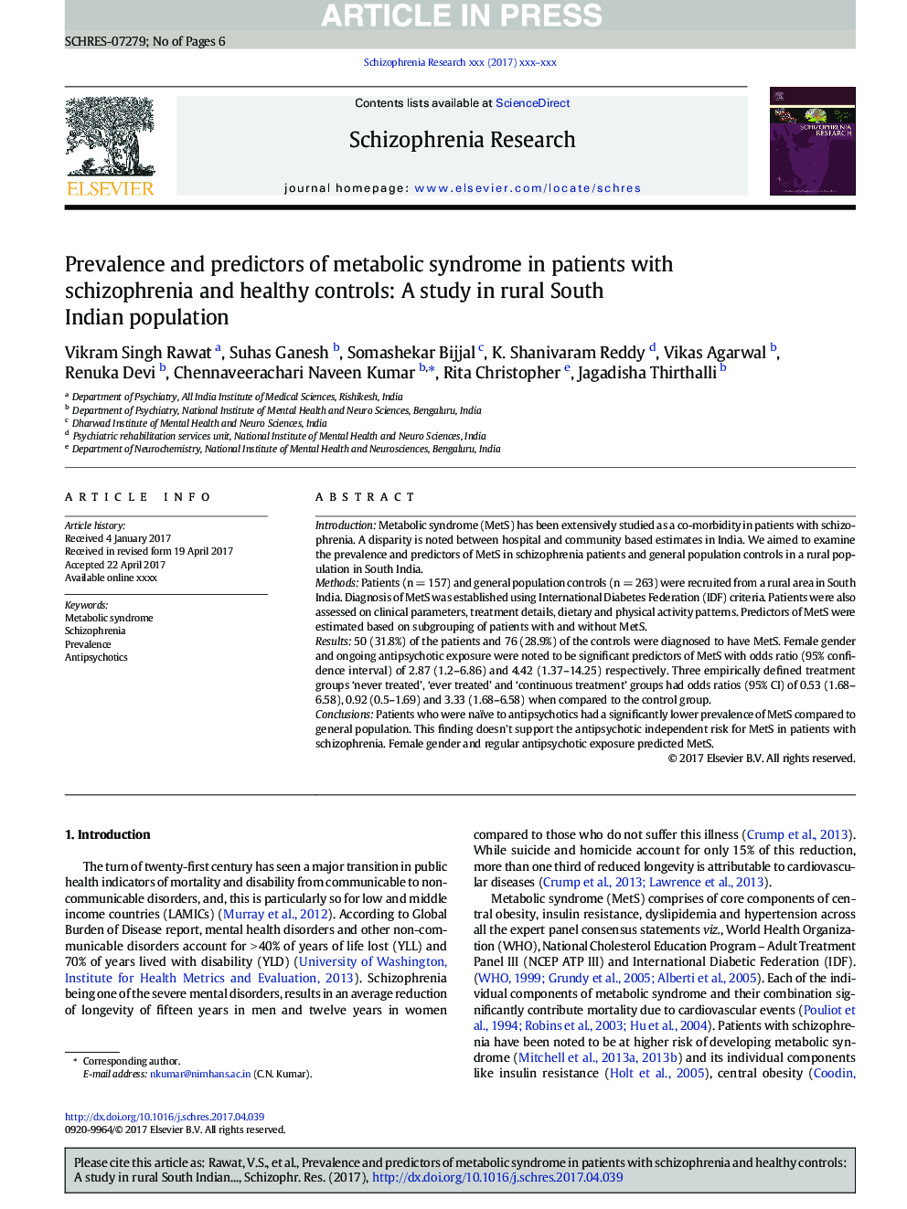 شیوع و پیش بینی کننده سندرم متابولیک در بیماران مبتلا به اسکیزوفرنیا و کنترل سالم: مطالعه در جمعیت روستایی جنوب هند 
