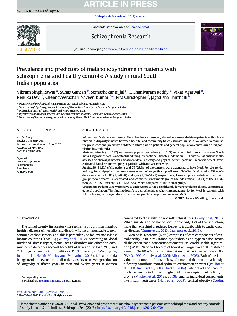 Prevalence and predictors of metabolic syndrome in patients with schizophrenia and healthy controls: A study in rural South Indian population