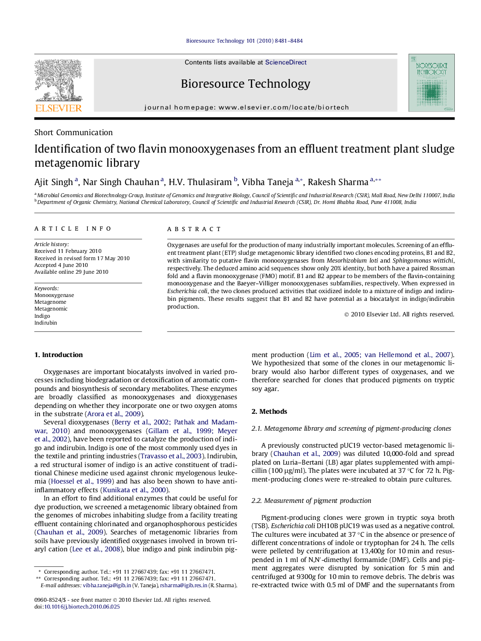 Identification of two flavin monooxygenases from an effluent treatment plant sludge metagenomic library