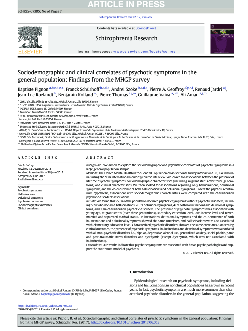 Sociodemographic and clinical correlates of psychotic symptoms in the general population: Findings from the MHGP survey