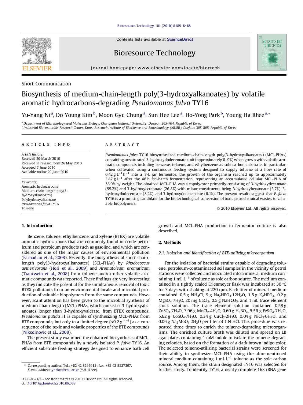 Biosynthesis of medium-chain-length poly(3-hydroxyalkanoates) by volatile aromatic hydrocarbons-degrading Pseudomonasfulva TY16