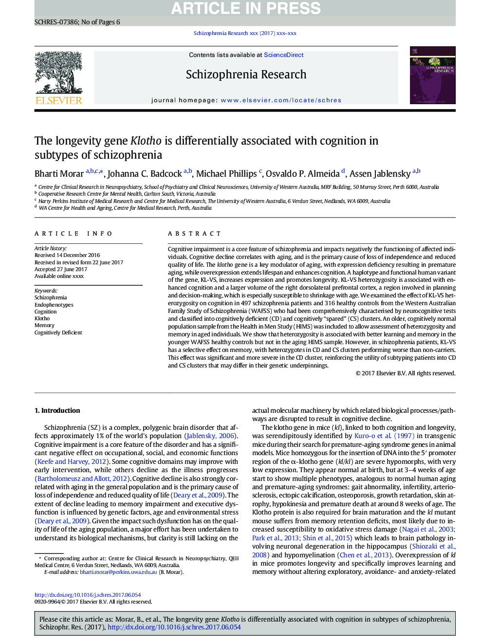 The longevity gene Klotho is differentially associated with cognition in subtypes of schizophrenia