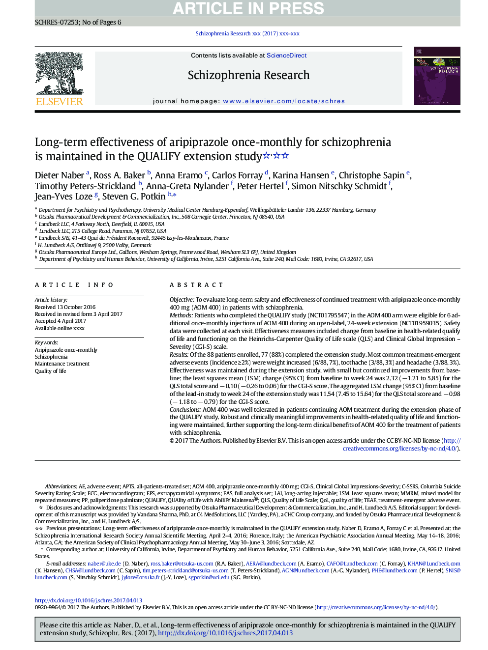 Long-term effectiveness of aripiprazole once-monthly for schizophrenia is maintained in the QUALIFY extension study