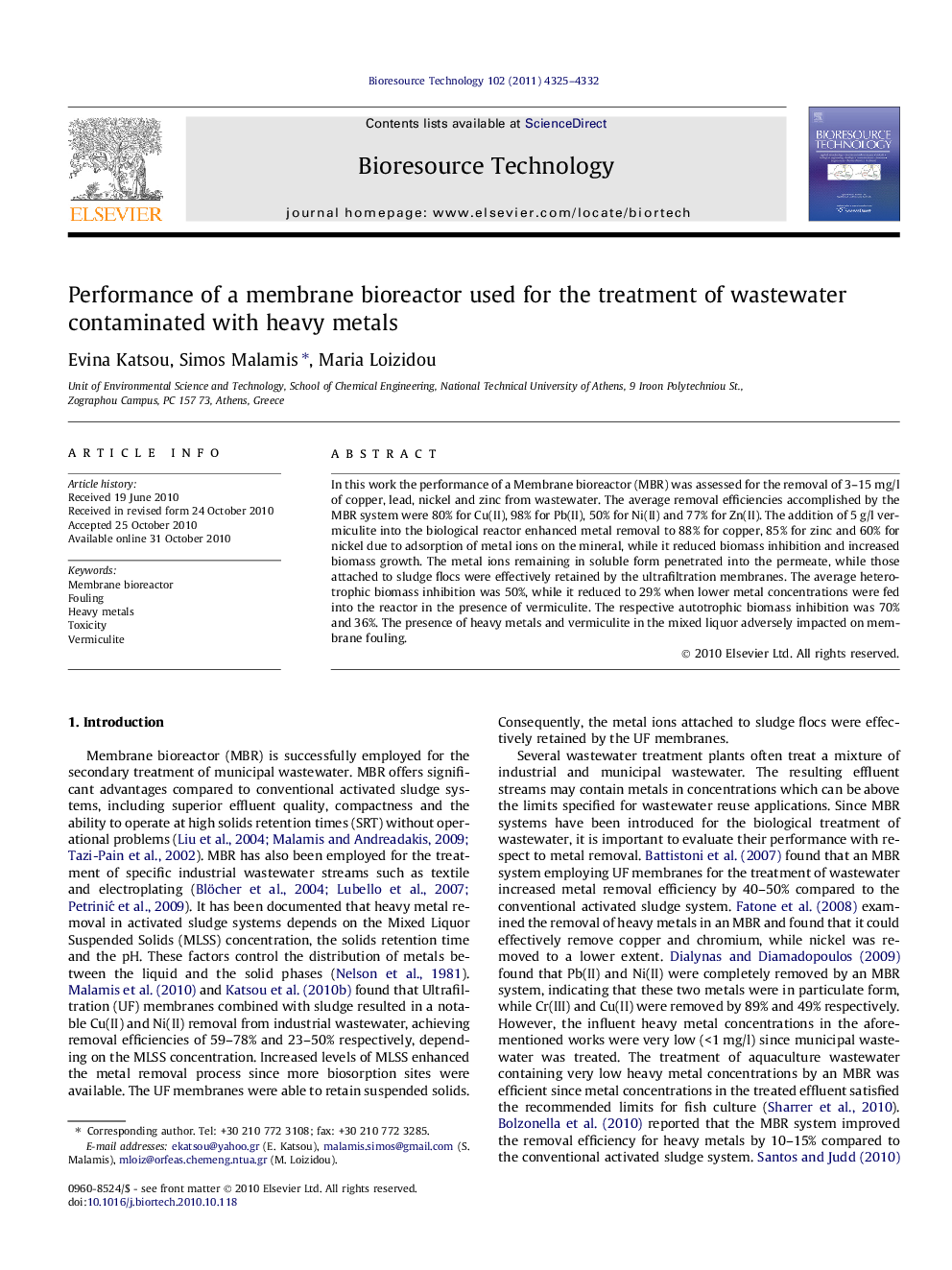 Performance of a membrane bioreactor used for the treatment of wastewater contaminated with heavy metals