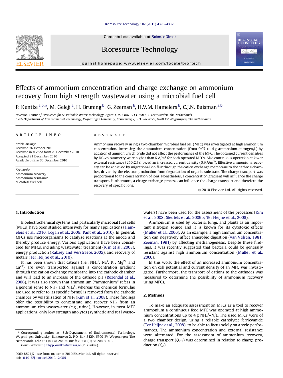 Effects of ammonium concentration and charge exchange on ammonium recovery from high strength wastewater using a microbial fuel cell