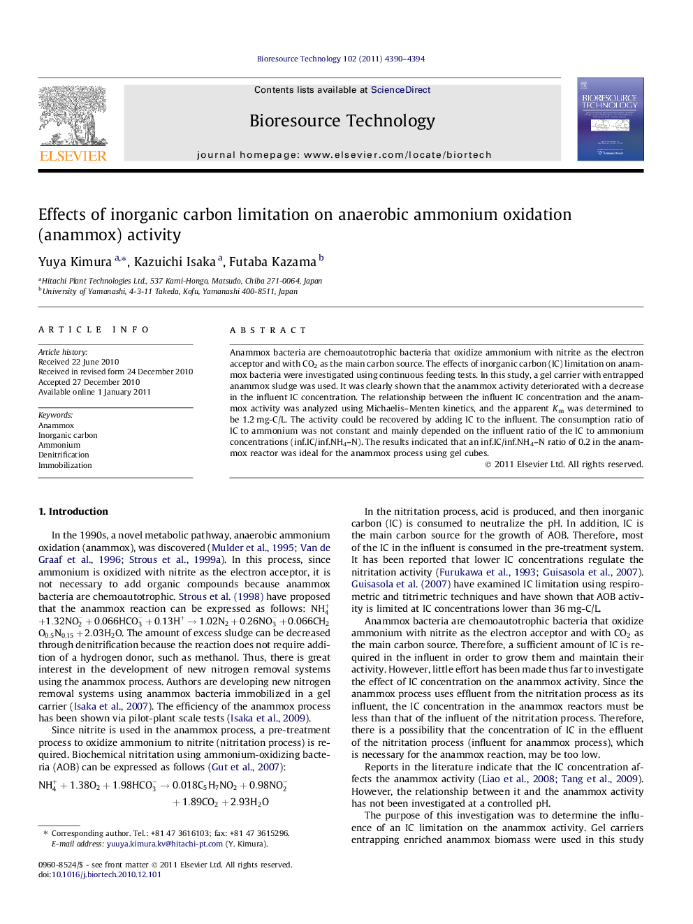 Effects of inorganic carbon limitation on anaerobic ammonium oxidation (anammox) activity