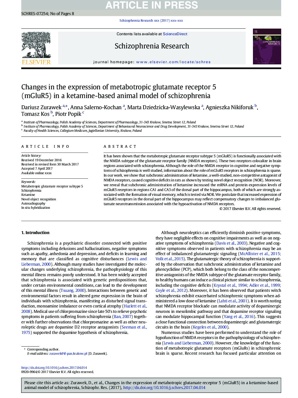 Changes in the expression of metabotropic glutamate receptor 5 (mGluR5) in a ketamine-based animal model of schizophrenia