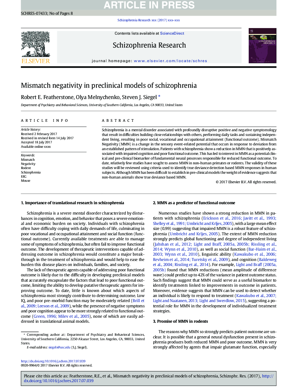 Mismatch negativity in preclinical models of schizophrenia