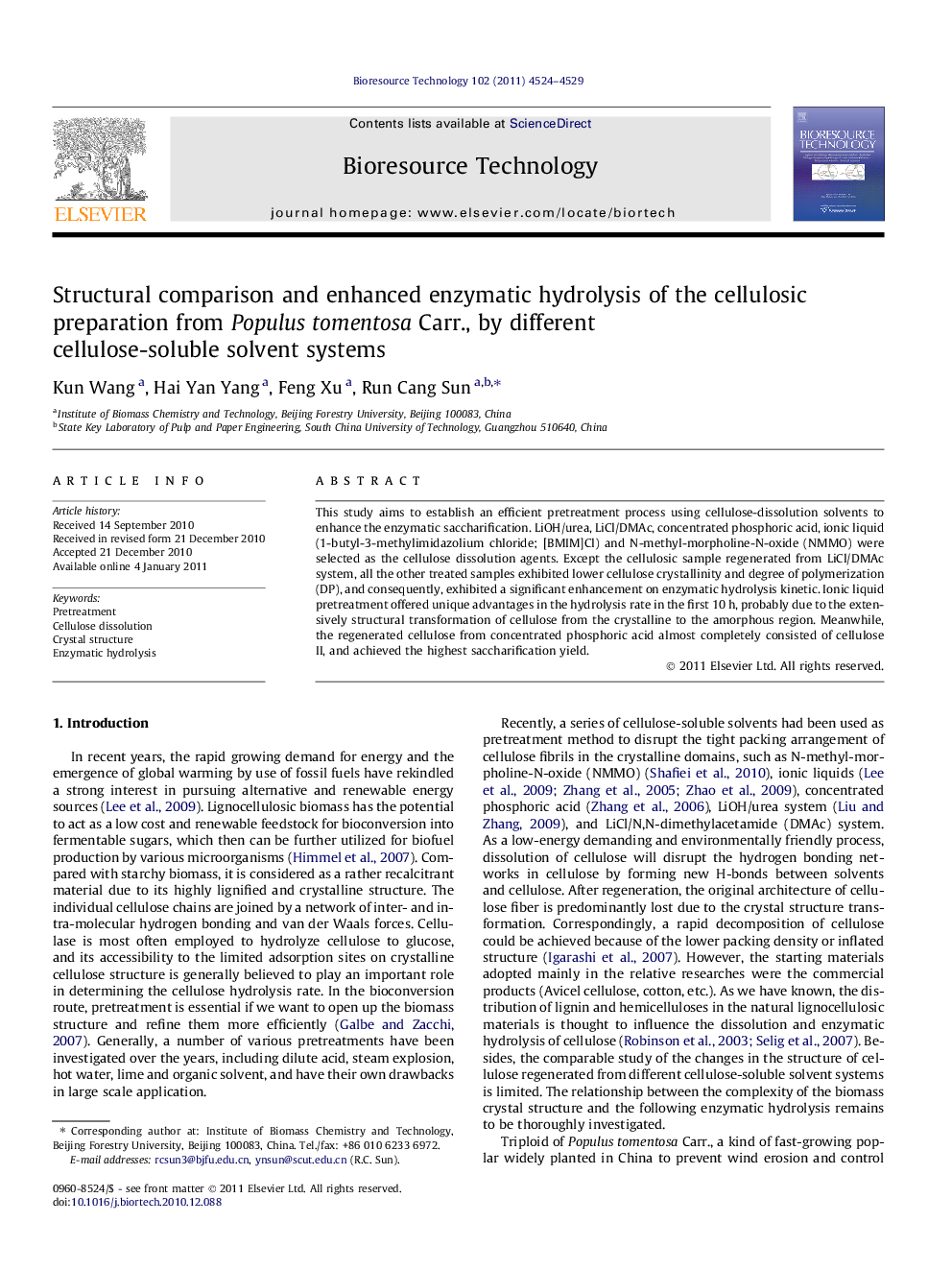 Structural comparison and enhanced enzymatic hydrolysis of the cellulosic preparation from Populus tomentosa Carr., by different cellulose-soluble solvent systems