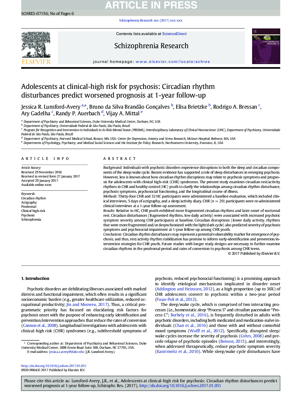 Adolescents at clinical-high risk for psychosis: Circadian rhythm disturbances predict worsened prognosis at 1-year follow-up