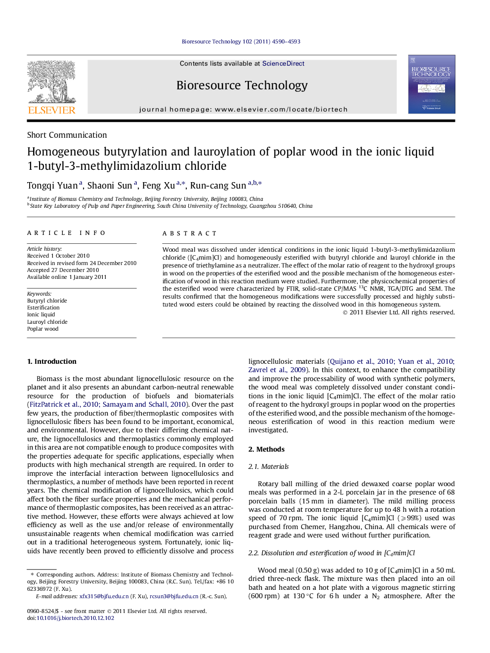 Homogeneous butyrylation and lauroylation of poplar wood in the ionic liquid 1-butyl-3-methylimidazolium chloride