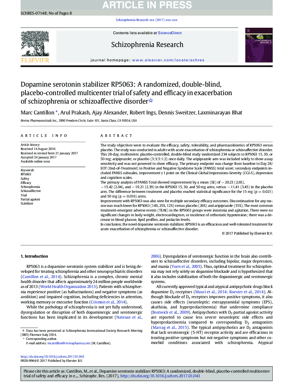 Dopamine serotonin stabilizer RP5063: A randomized, double-blind, placebo-controlled multicenter trial of safety and efficacy in exacerbation of schizophrenia or schizoaffective disorder