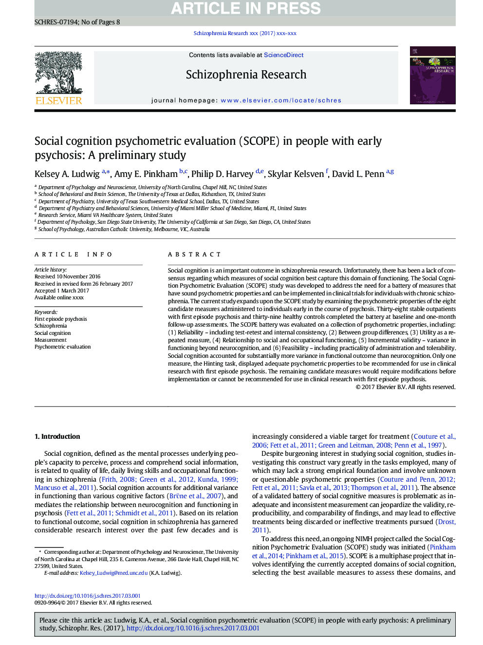 Social cognition psychometric evaluation (SCOPE) in people with early psychosis: A preliminary study