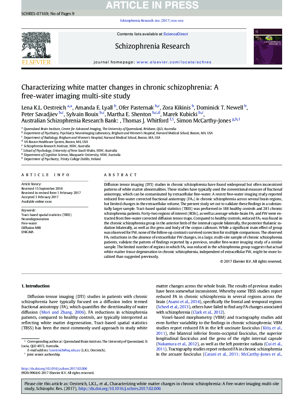 Characterizing white matter changes in chronic schizophrenia: A free-water imaging multi-site study