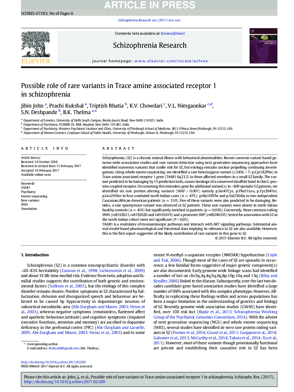 Possible role of rare variants in Trace amine associated receptor 1 in schizophrenia