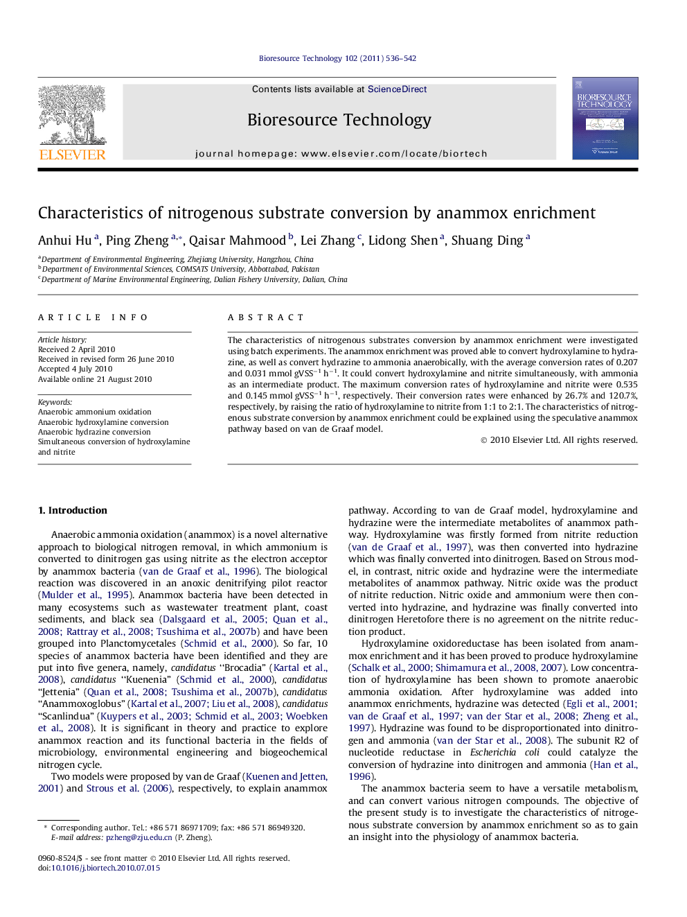 Characteristics of nitrogenous substrate conversion by anammox enrichment