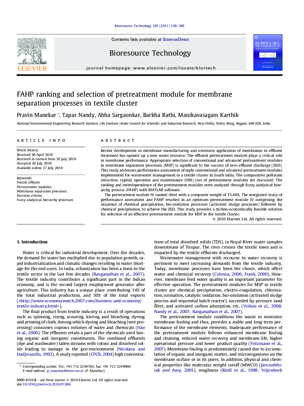 FAHP ranking and selection of pretreatment module for membrane separation processes in textile cluster