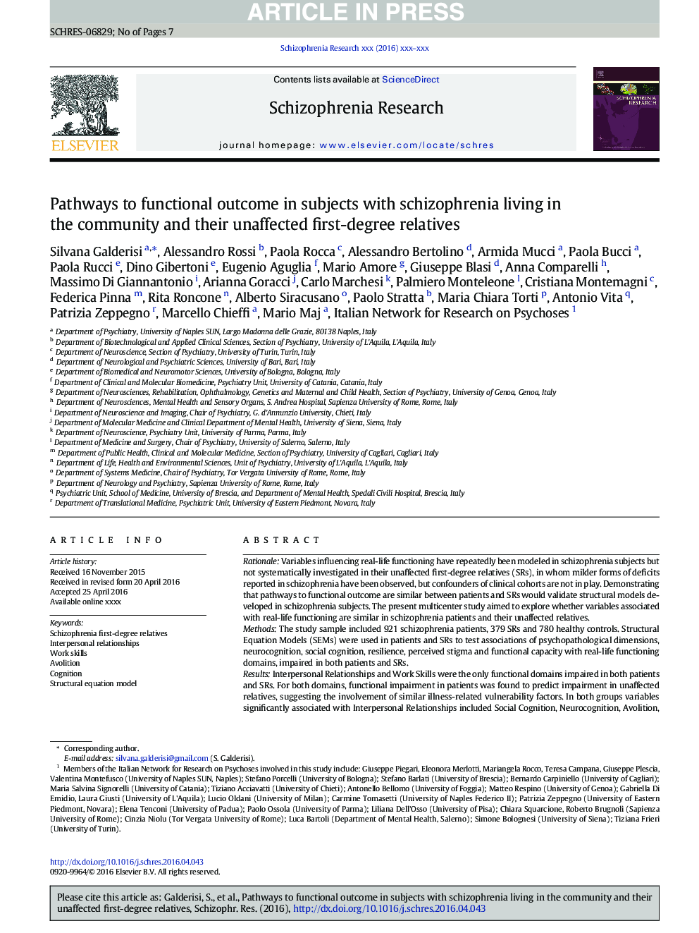 Pathways to functional outcome in subjects with schizophrenia living in the community and their unaffected first-degree relatives